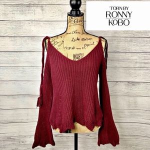 Cold Shoulder Bell sleeve ribbed burgundy sweater